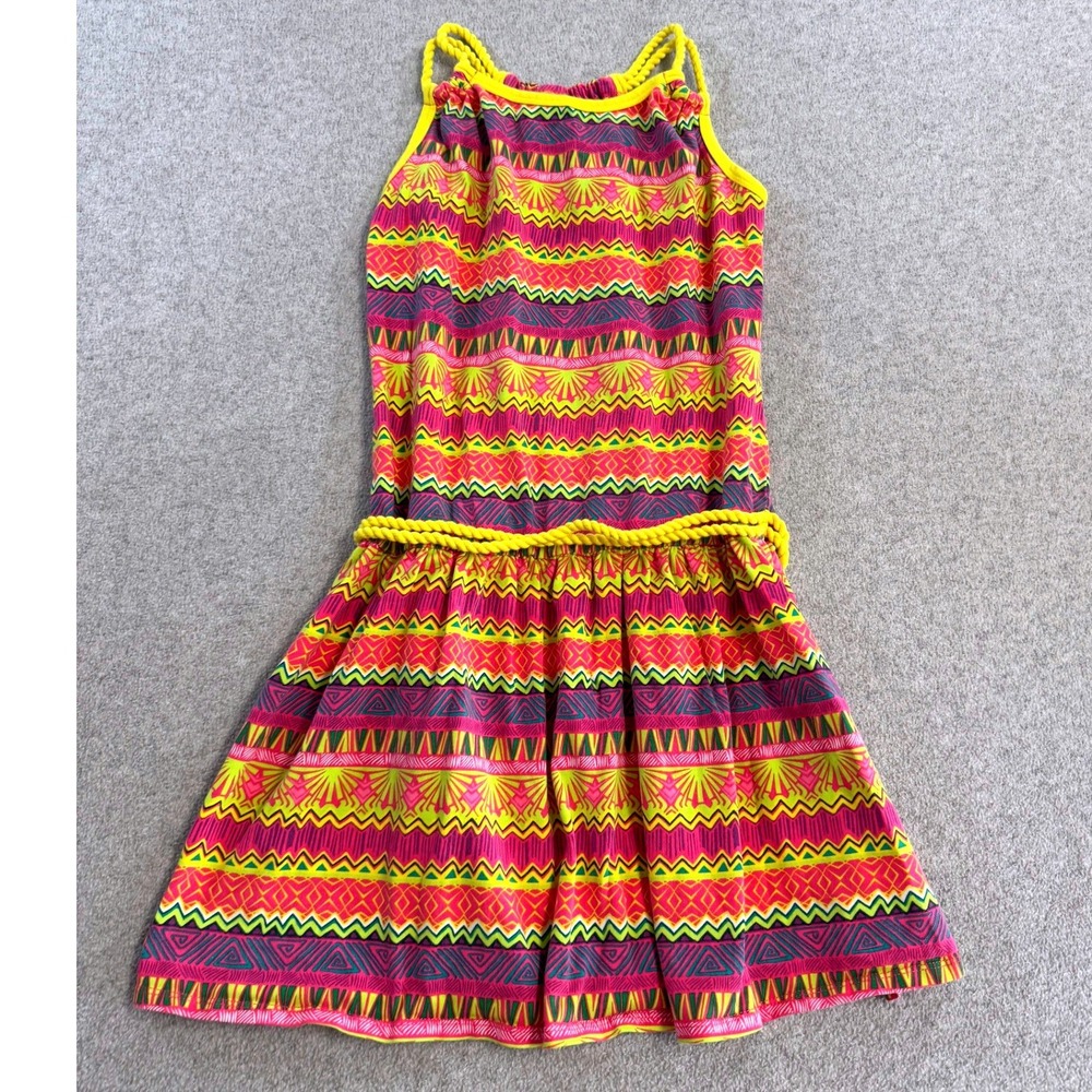 American Girl Girls Dress Sz 12 Bright Tribal Print Sundress Rope Belt Summer